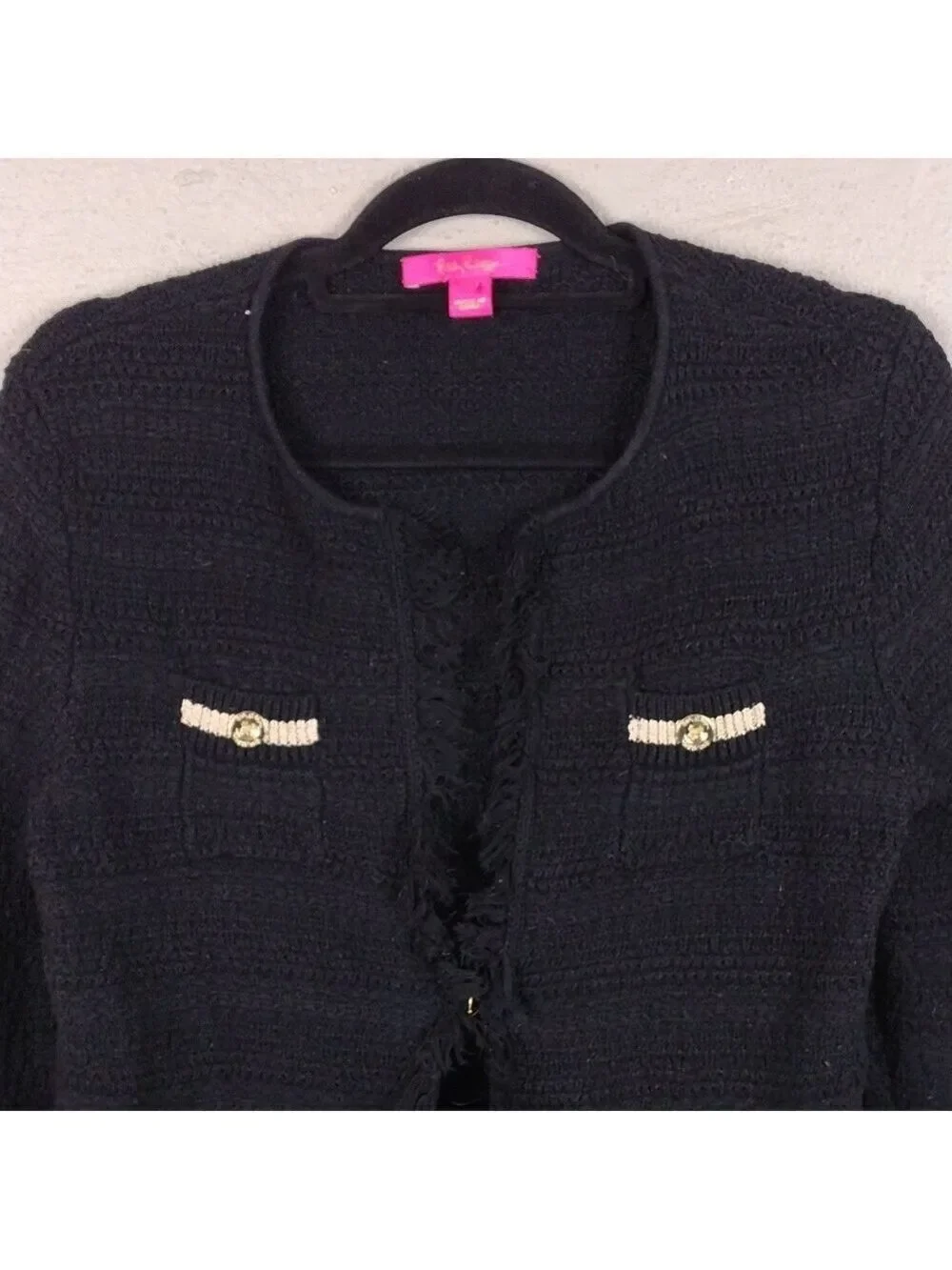 Lilly Pulitzer Black Gold Metallic Textured Knit One Clasp Front Cardigan Jacket